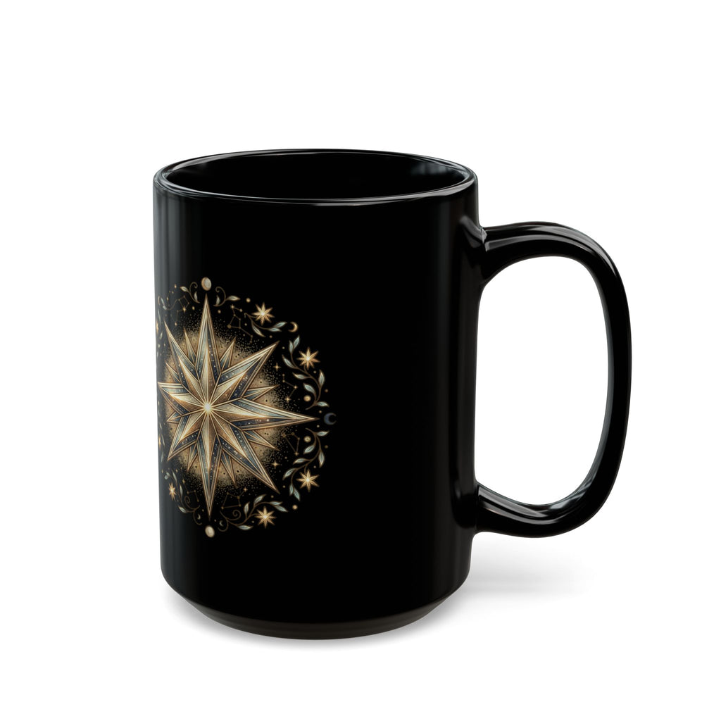 Black Ceramic Mug — Gold Nautical Compass Star Design (11oz/15oz)