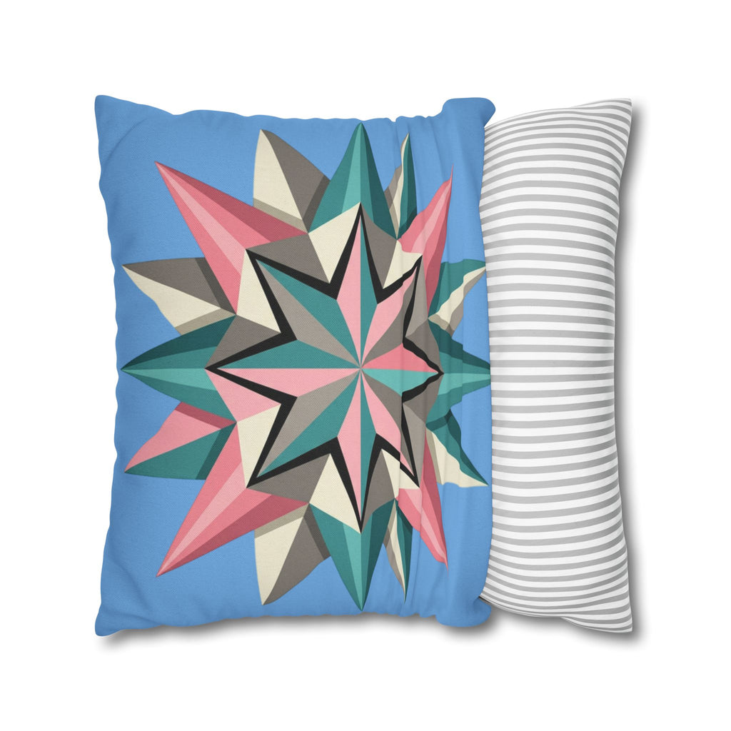 Geometric Starburst Throw Pillowcase – Pastel Compass Design on Sky Blue
