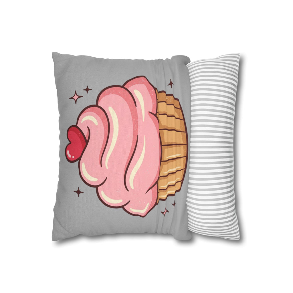 Pink Cupcake Spun Polyester Square Pillowcase- Light Grey