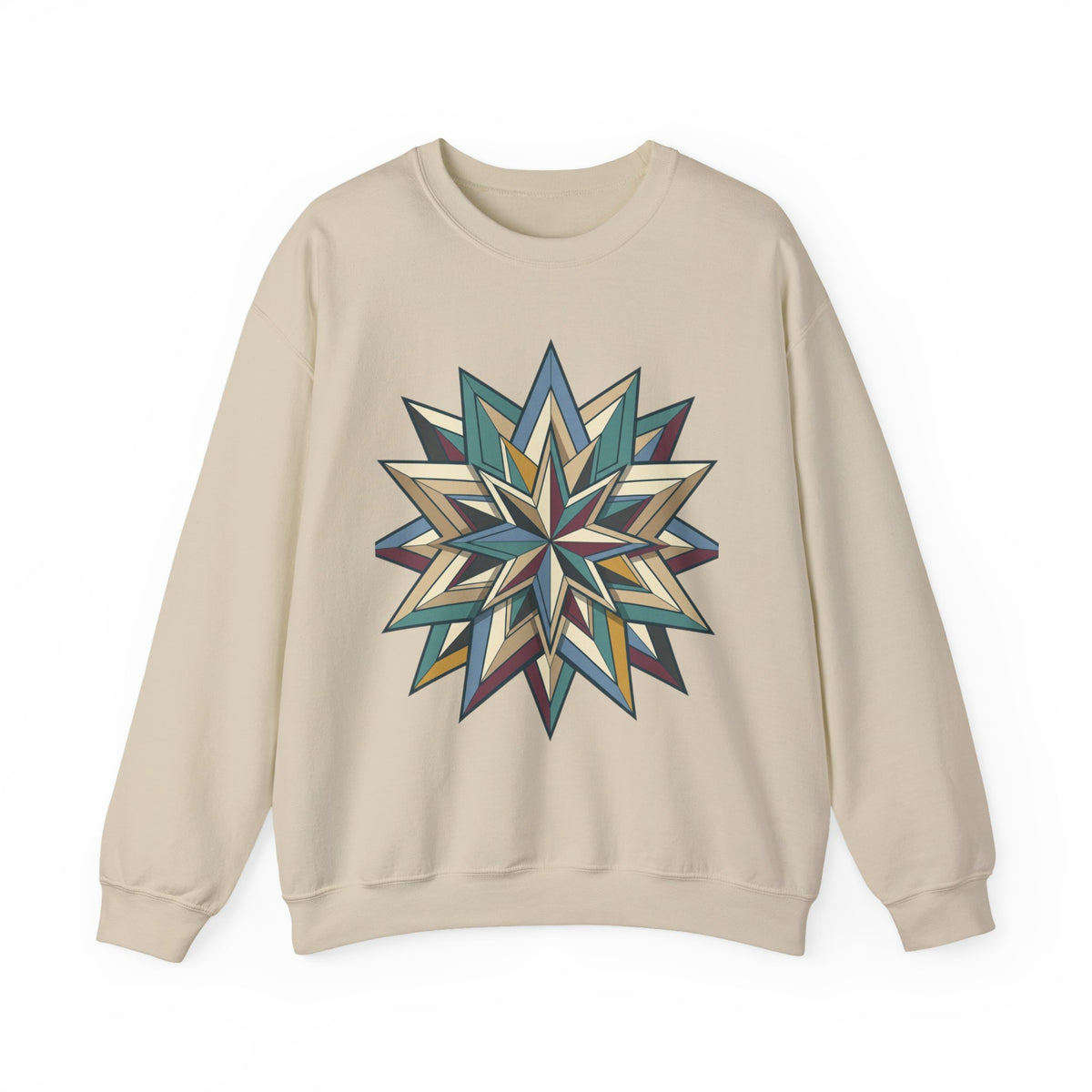 Crewneck Sweatshirt — Geometric Starburst Mandala Design