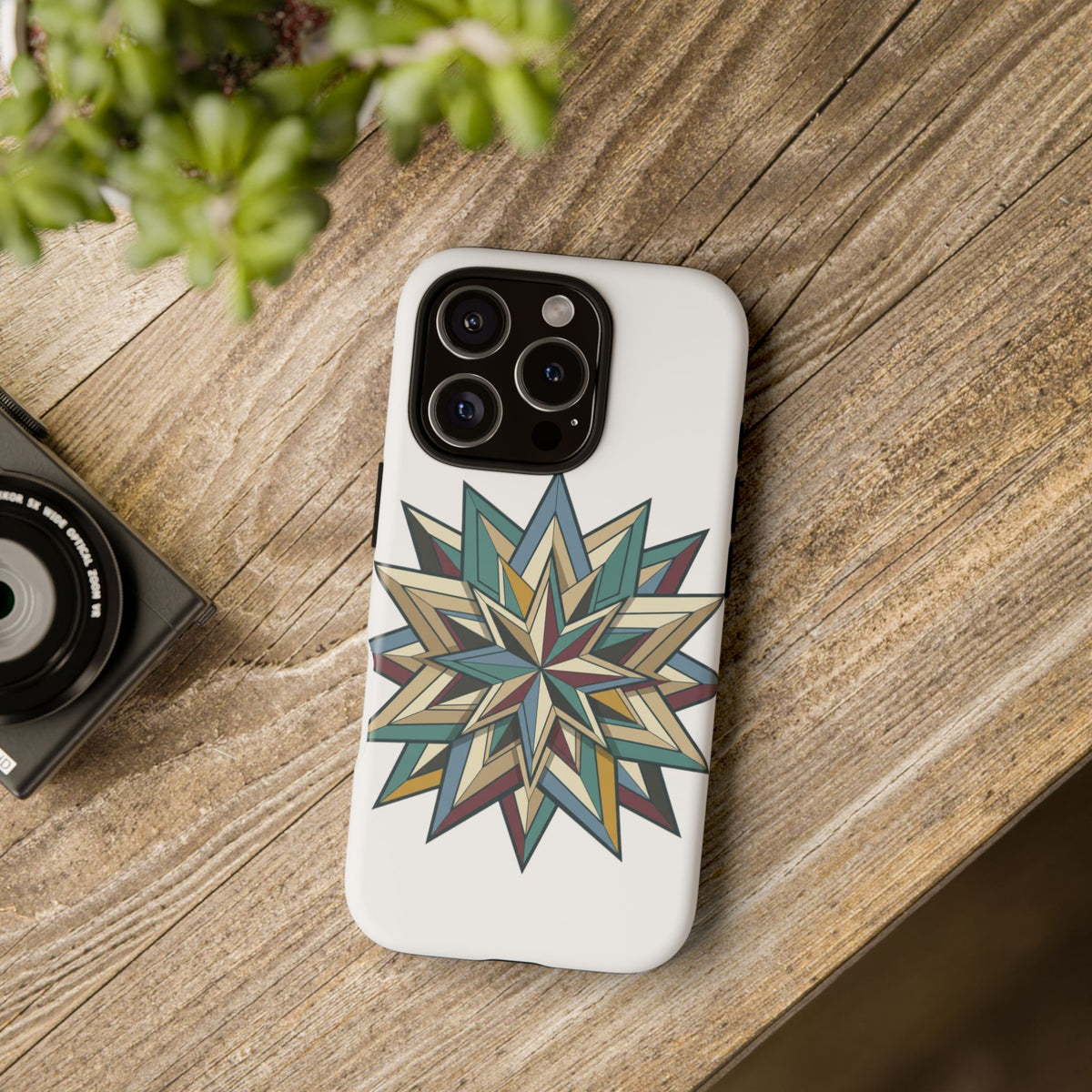 Geometric Star Phone Case — Teal & Earthtone Mandala Design