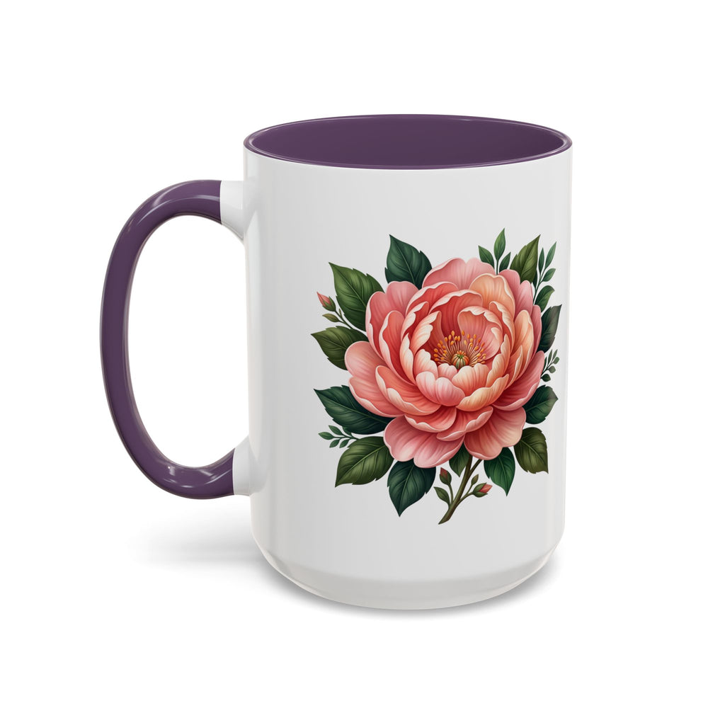 Floral Peony Accent Coffee Mug — Pink Rose Bloom Ceramic Cup