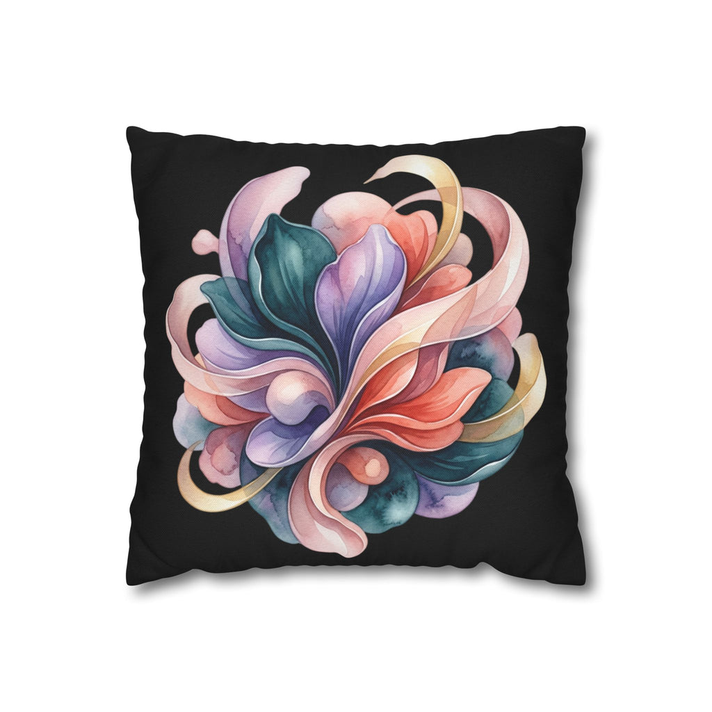 Abstract Floral Throw Pillowcase — Colorful Petal Swirl on Black