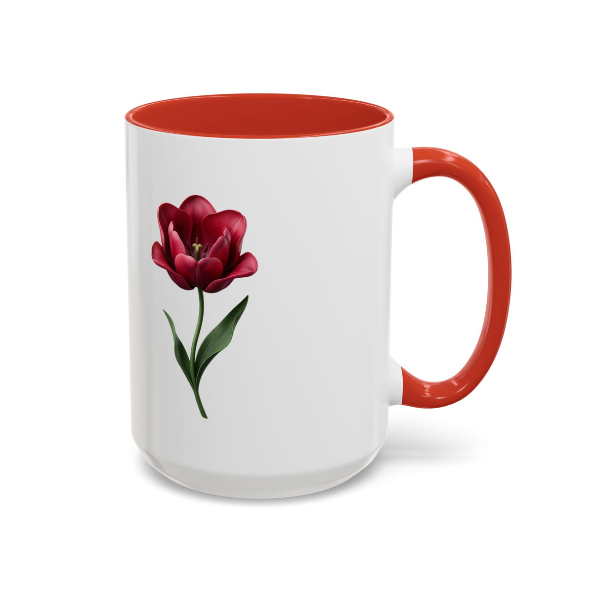 Red Tulip Accent Coffee Mug – Floral 11/15oz Ceramic Mug