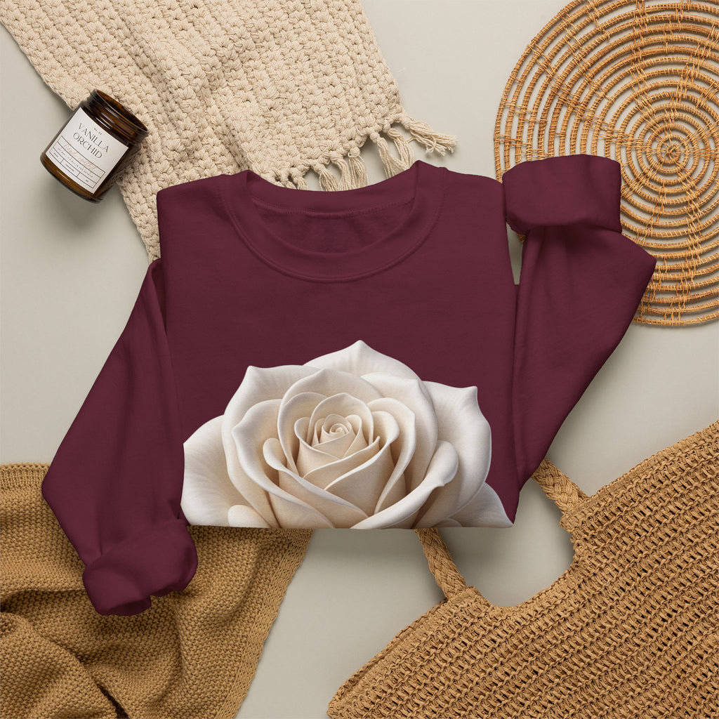 White Rose Crewneck Sweatshirt — Elegant Botanical Floral Pullover