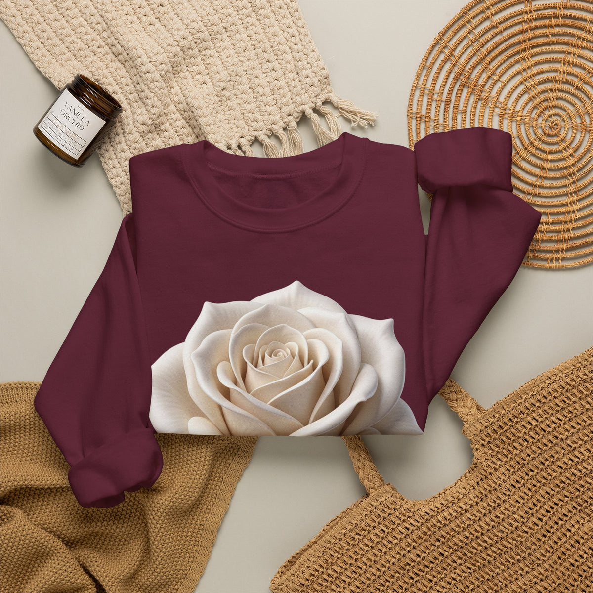 White Rose Crewneck Sweatshirt — Elegant Botanical Floral Pullover