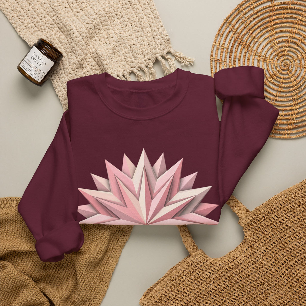 Starburst Polygon Crewneck Sweatshirt — Pink Geometric Floral Graphic