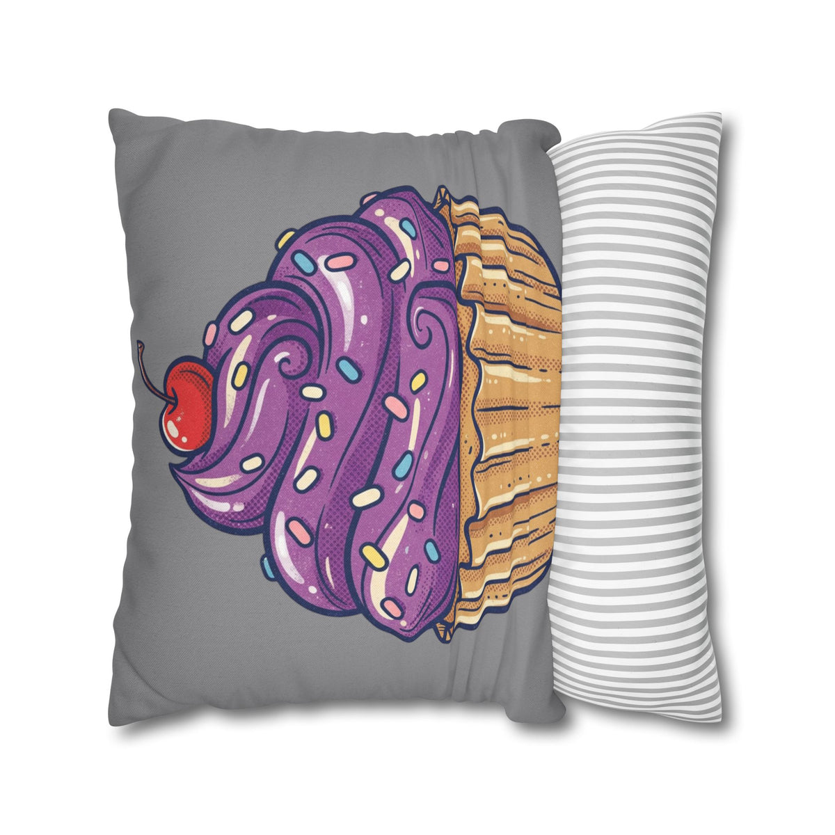 Cupcake Pillowcase — Whimsical Purple Frosting Decorative Throw Pillow- Grey