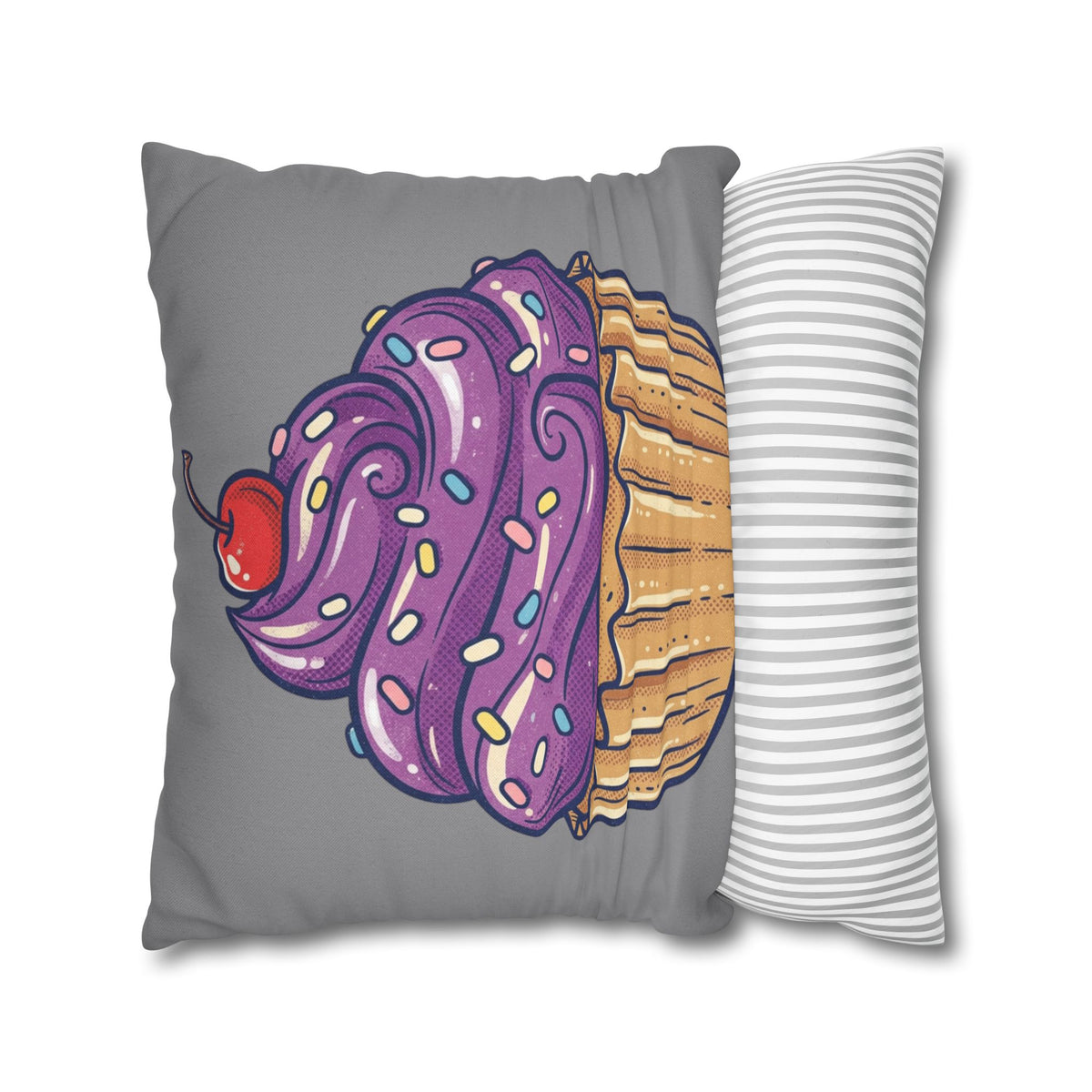 Cupcake Pillowcase — Whimsical Purple Frosting Decorative Throw Pillow- Grey