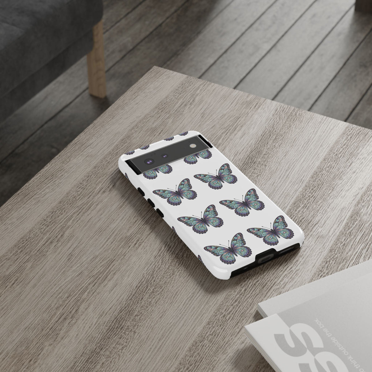 Butterfly Pattern Tough Phone Case — Vintage Teal Floral Protective Cover
