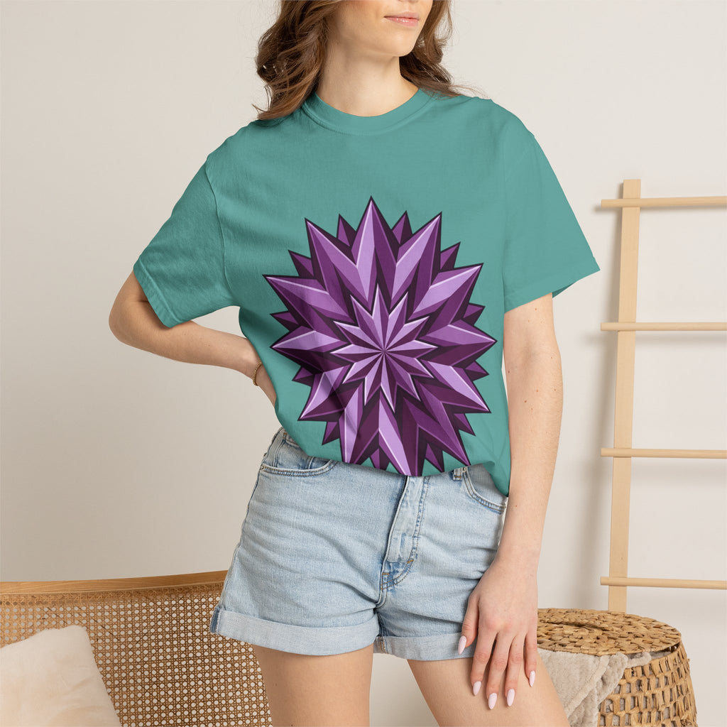 Purple Geometric Starburst T-Shirt — Bold 3D Floral Graphic Tee