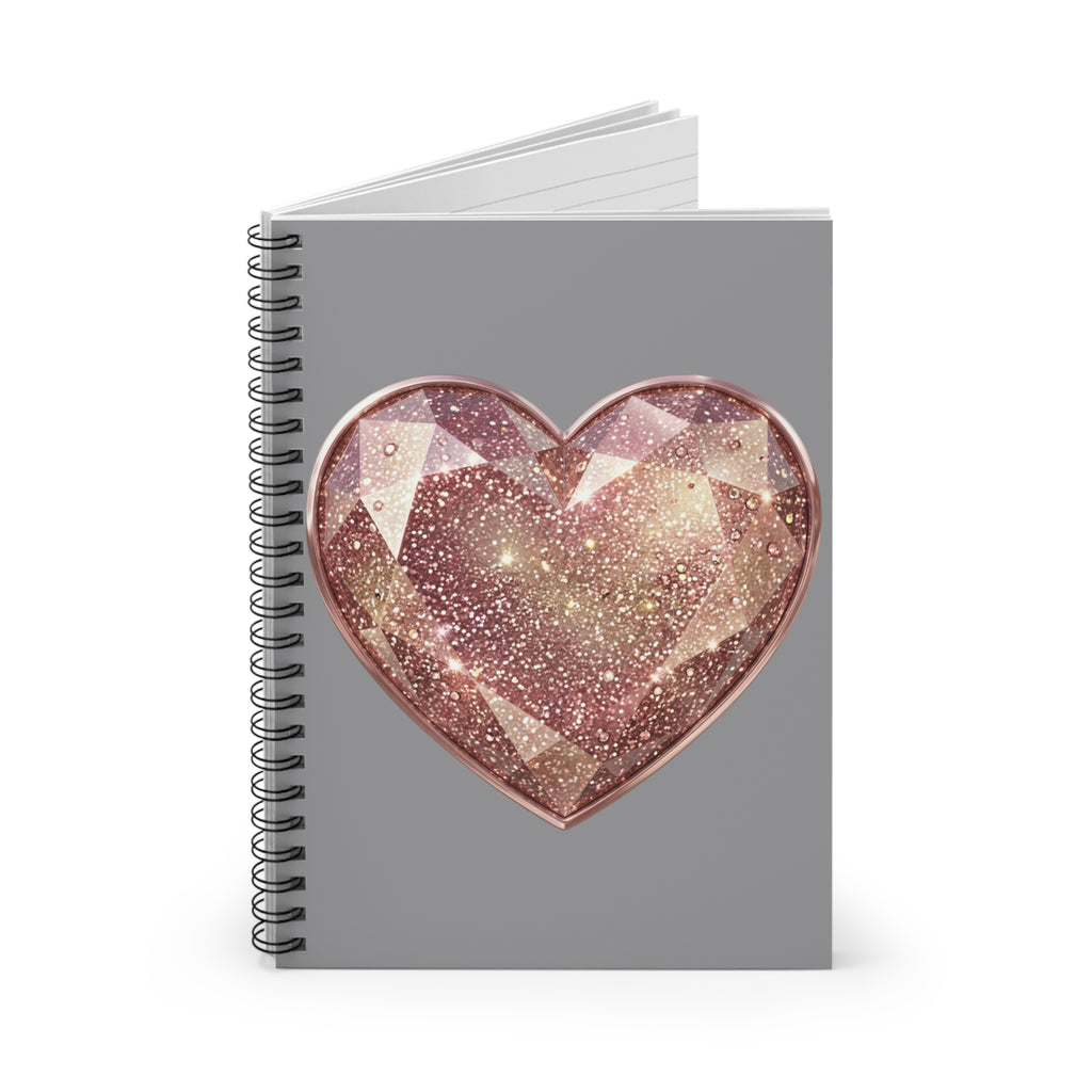 Glitter Rose Gold Heart Spiral Notebook — Ruled Journal for Notes & Gifts- Grey