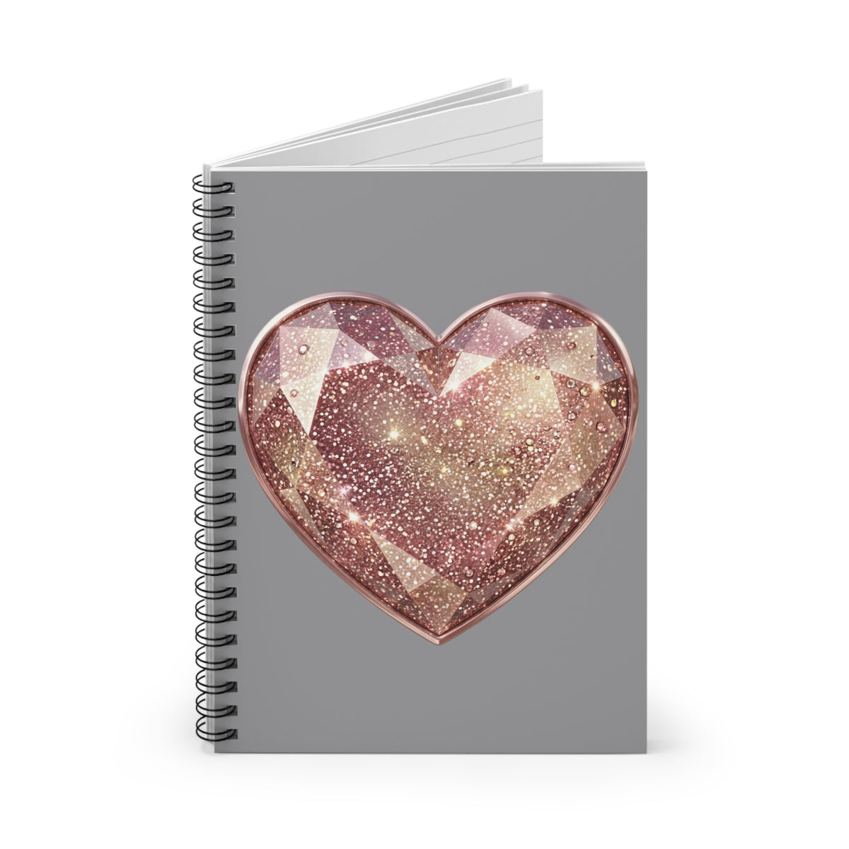 Glitter Rose Gold Heart Spiral Notebook — Ruled Journal for Notes & Gifts- Grey