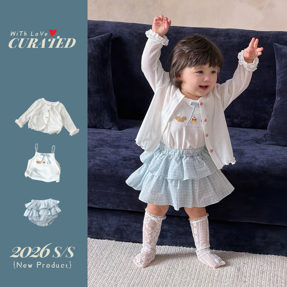 Cute Cartoon Strap Ruffle Bloomers Dress Set for Girls Kids Clothing, Summer Outfit Two-Piece Set
