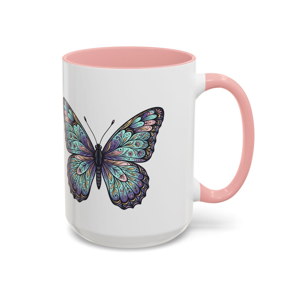 Butterfly Accent Coffee Mug — Teal Mandala Wing Design (11/15oz)