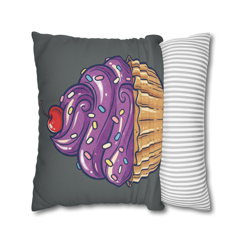 Cupcake Pillowcase — Whimsical Purple Frosting Decorative Throw Pillow- Dark Grey