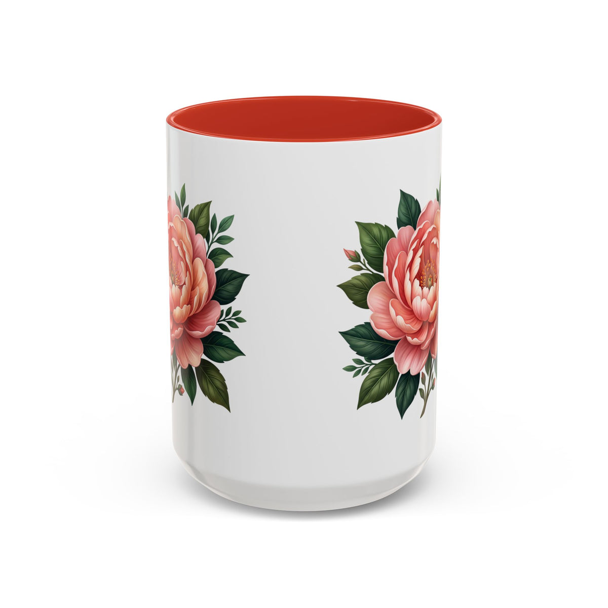 Floral Peony Accent Coffee Mug — Pink Rose Bloom Ceramic Cup