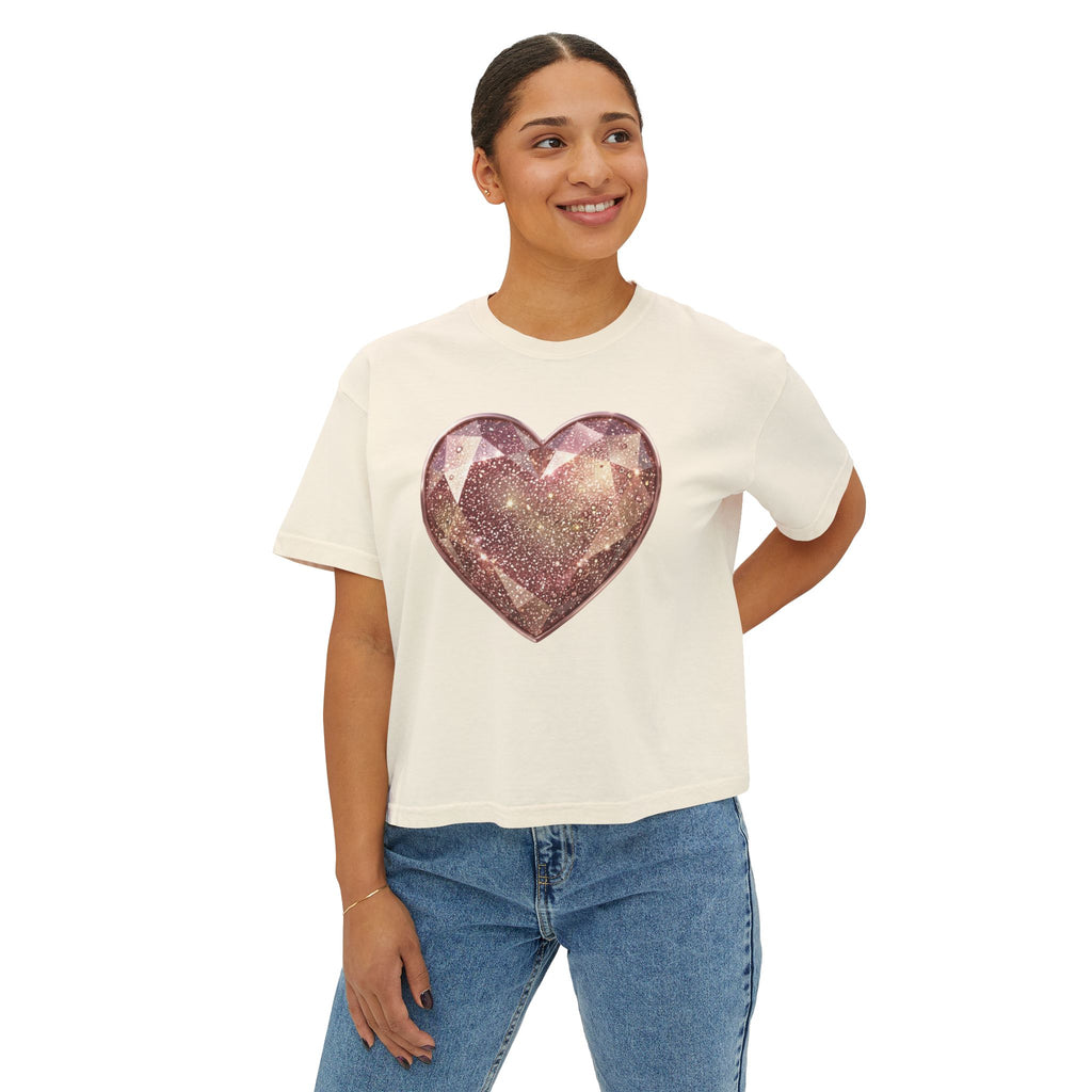 Glitter Gem Heart Boxy Tee — Women's Sparkle Heart Graphic Shirt