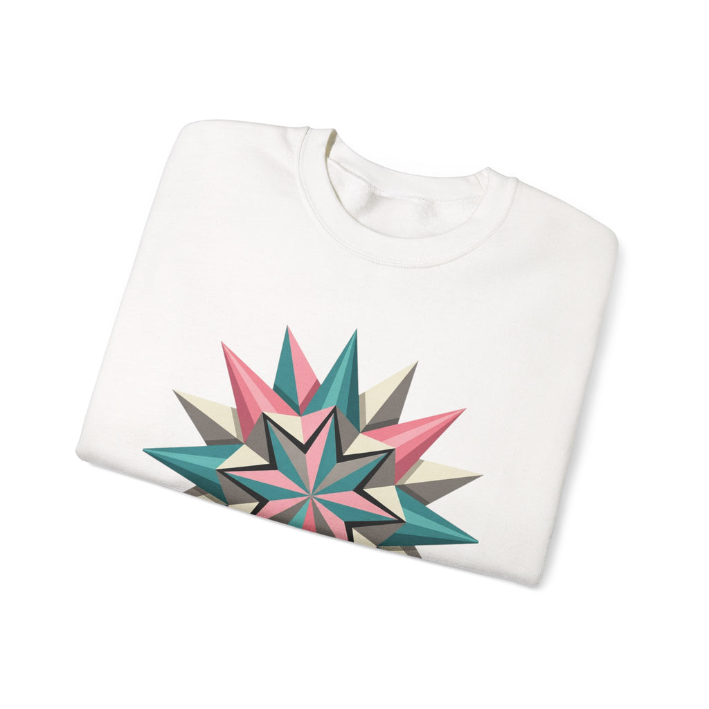 Geometric Starburst Crewneck Sweatshirt — Pink Teal Modern Compass Design