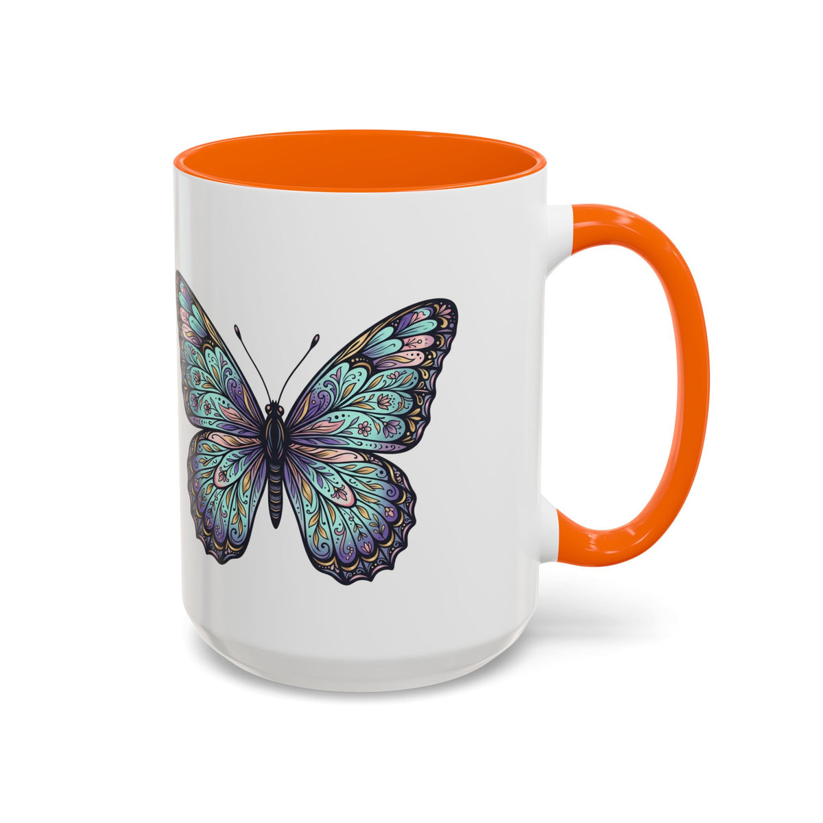 Butterfly Accent Coffee Mug — Teal Mandala Wing Design (11/15oz)