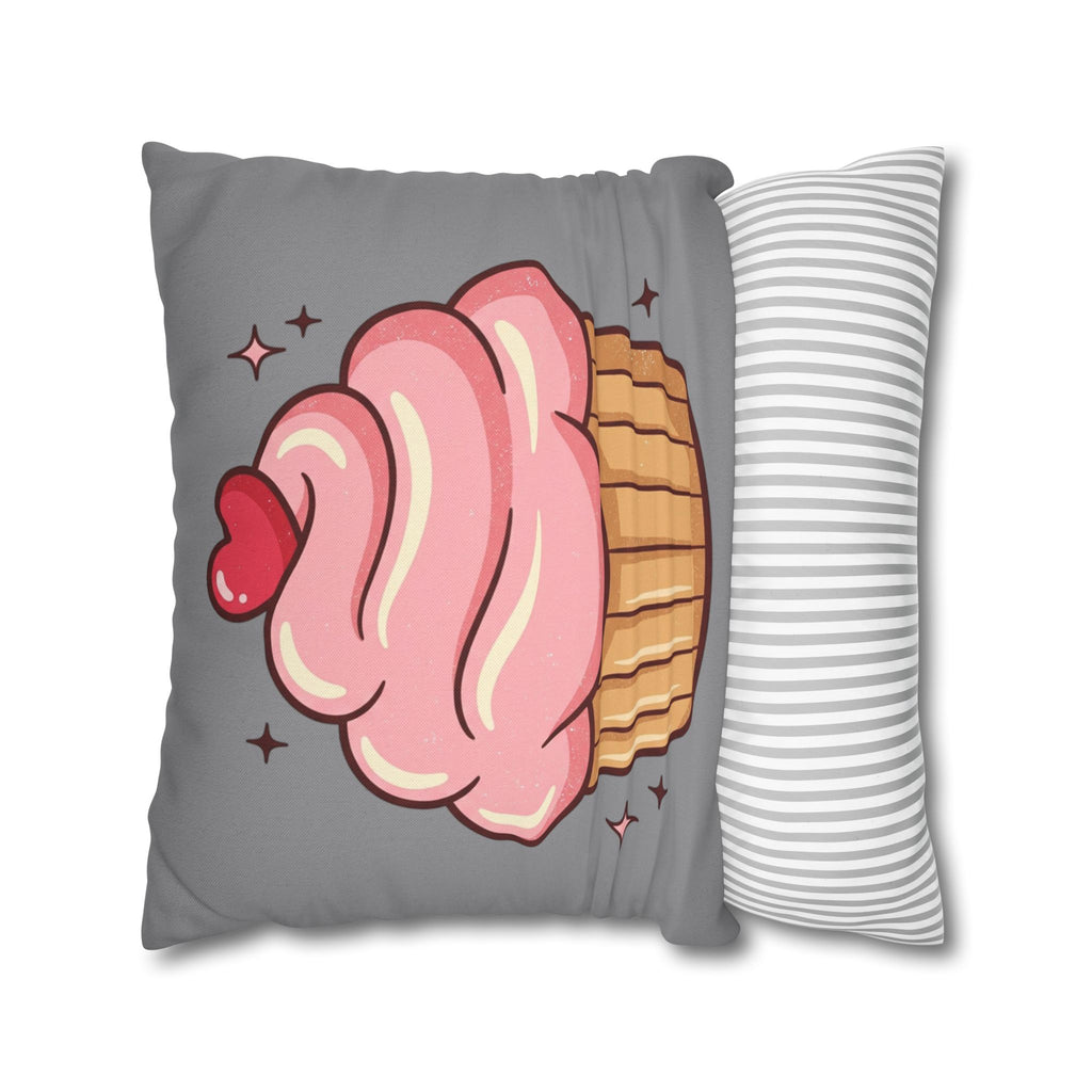 Pink Cupcake Spun Polyester Square Pillowcase- Grey