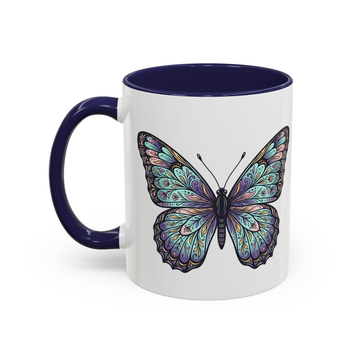 Butterfly Accent Coffee Mug — Teal Mandala Wing Design (11/15oz)
