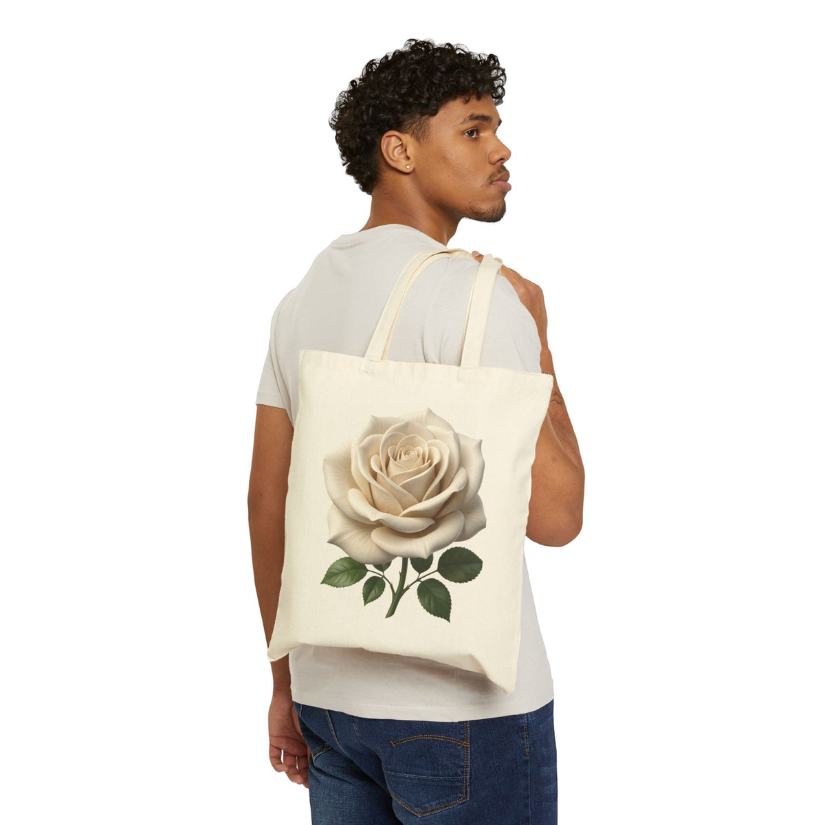 Canvas Tote Bag — Vintage Cream Rose Floral Shopper