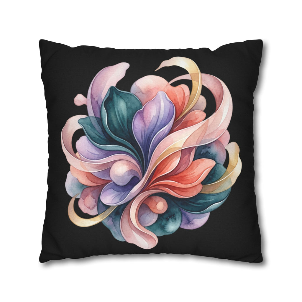 Abstract Floral Throw Pillowcase — Colorful Petal Swirl on Black