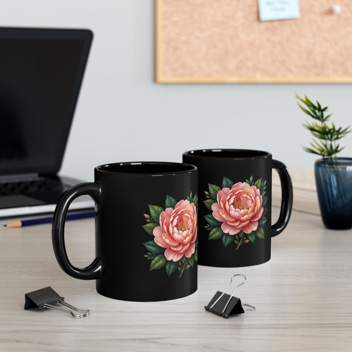 Floral Peony Black Mug — Pink Rose Coffee Cup (11oz, 15oz)