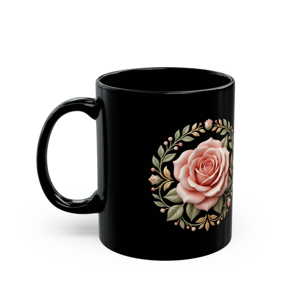 Black Rose Ceramic Mug — Elegant Pink Floral Coffee Cup (11oz & 15oz)