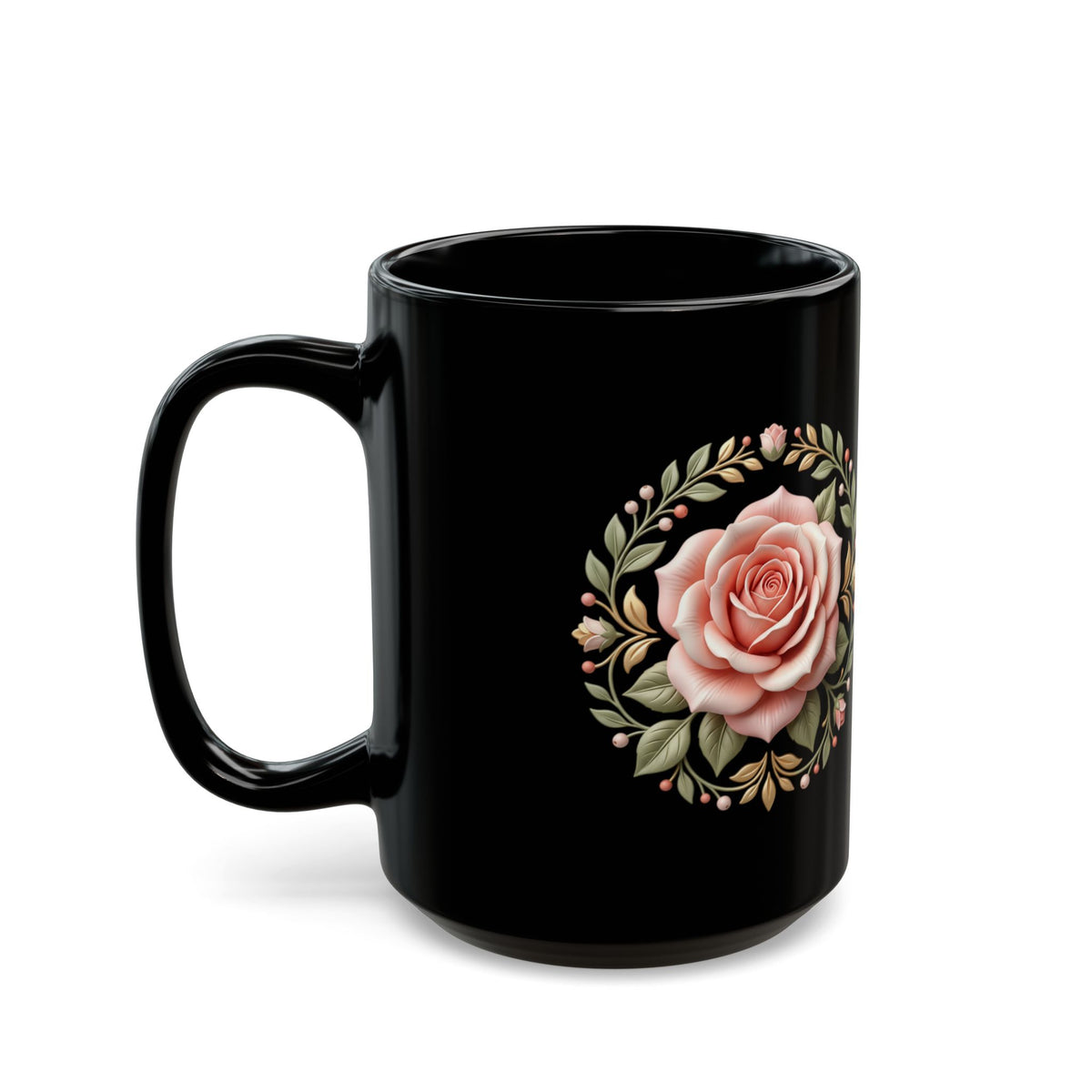 Black Rose Ceramic Mug — Elegant Pink Floral Coffee Cup (11oz & 15oz)