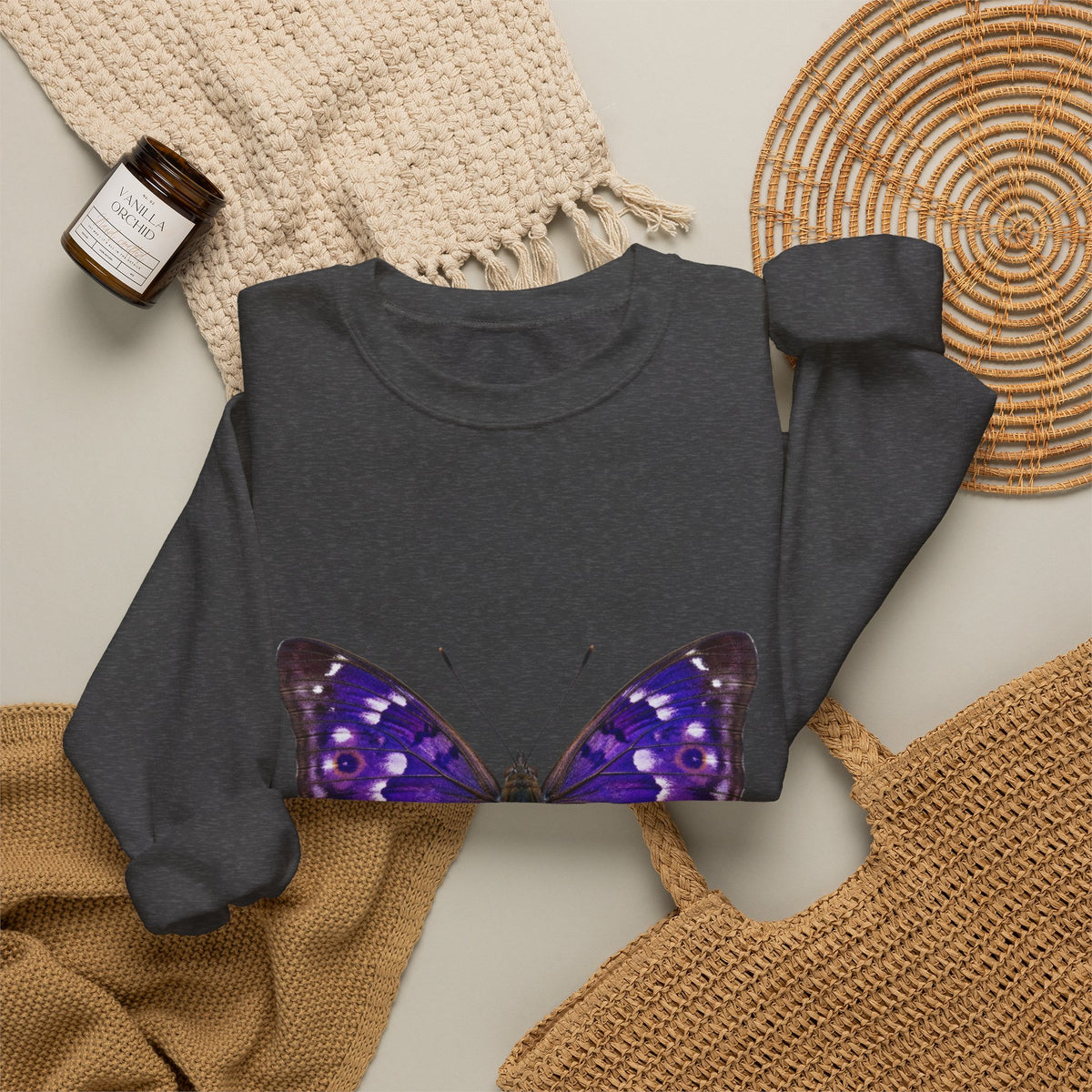 Purple Butterfly Crewneck Sweatshirt — Vibrant Nature Graphic Pullover