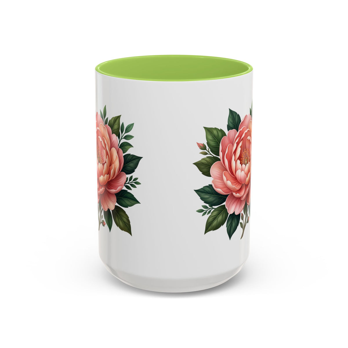 Floral Peony Accent Coffee Mug — Pink Rose Bloom Ceramic Cup