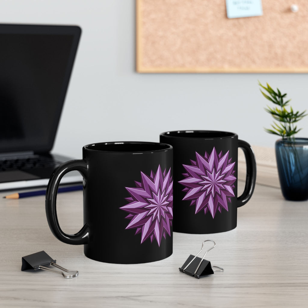 Purple Geometric Starburst Black Mug — 11oz & 15oz Ceramic Coffee Cup