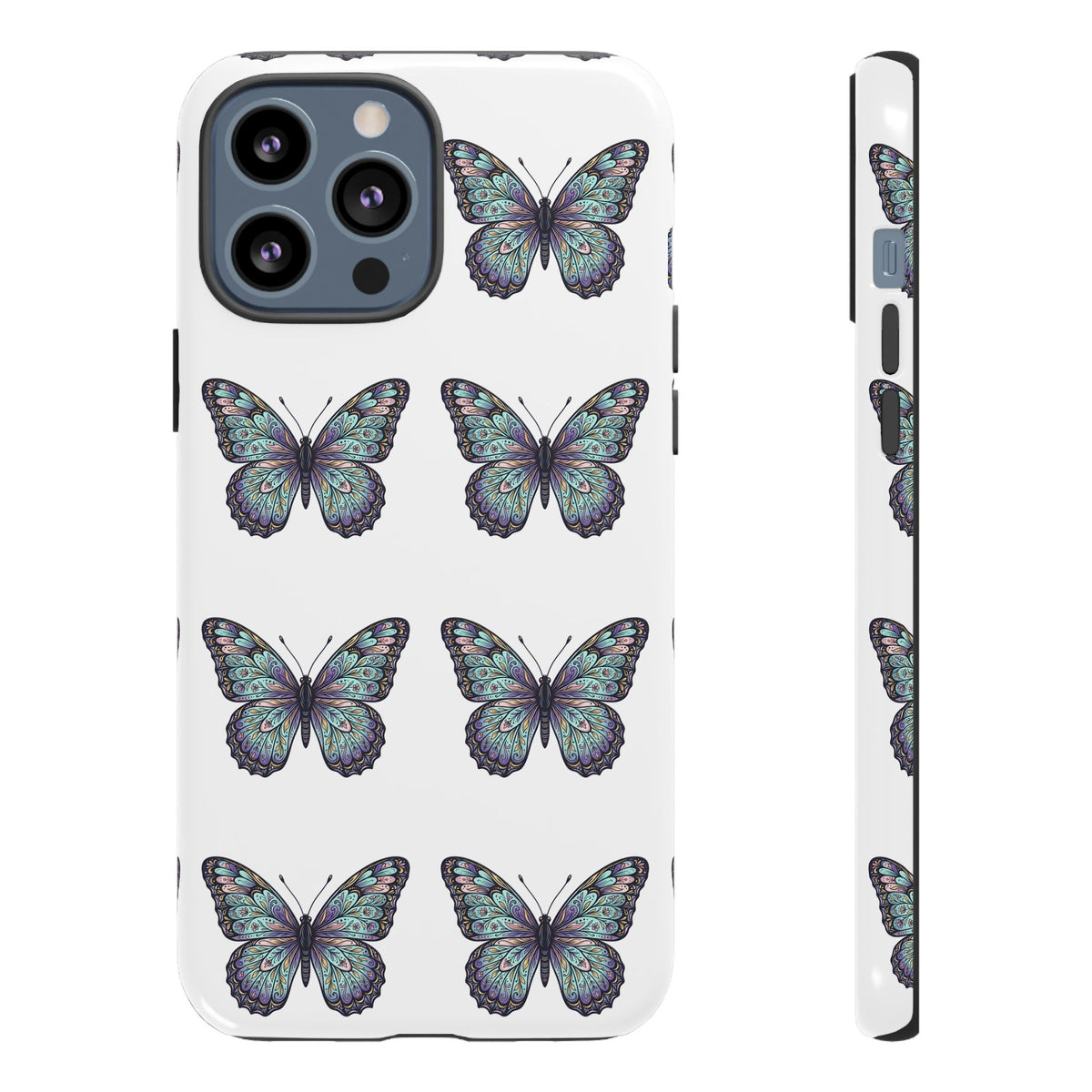 Butterfly Pattern Tough Phone Case — Vintage Teal Floral Protective Cover