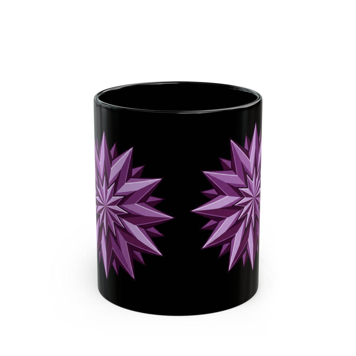 Purple Geometric Starburst Black Mug — 11oz & 15oz Ceramic Coffee Cup