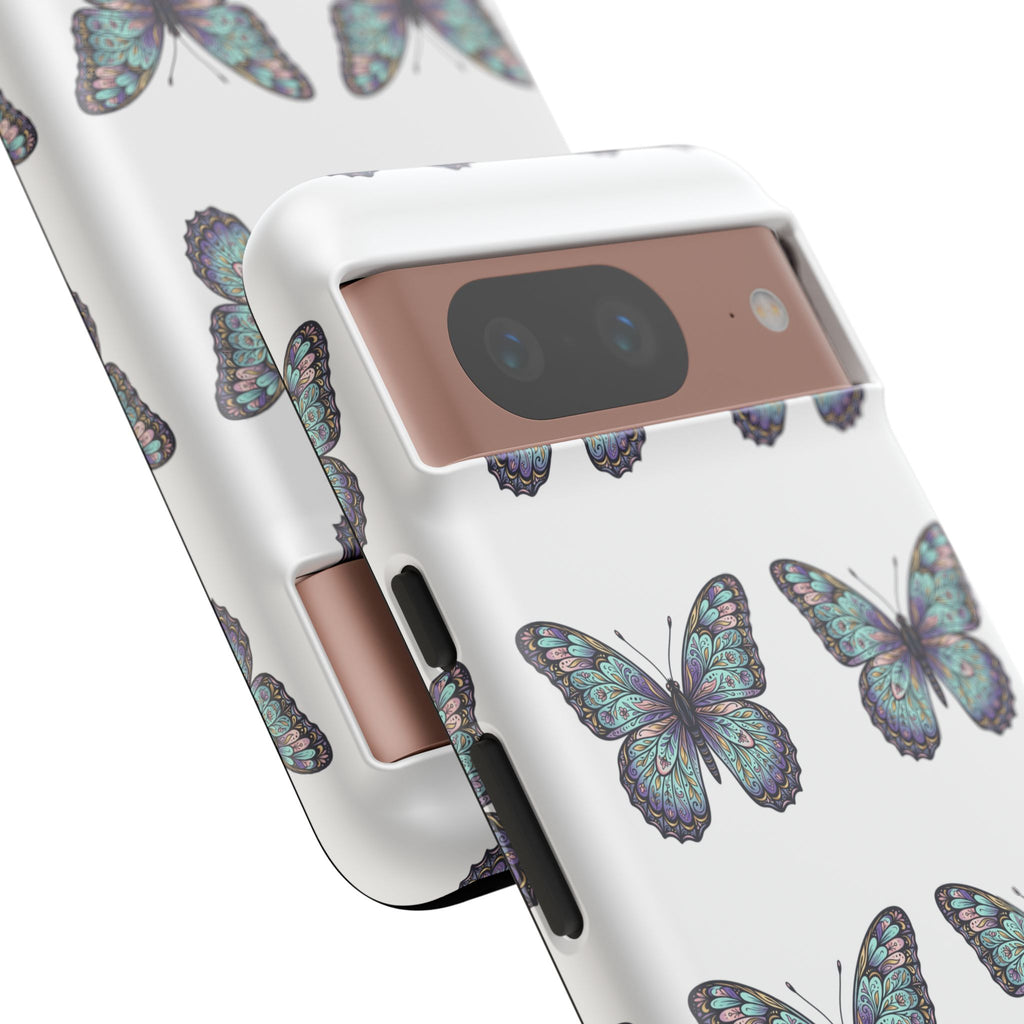 Butterfly Pattern Tough Phone Case — Vintage Teal Floral Protective Cover