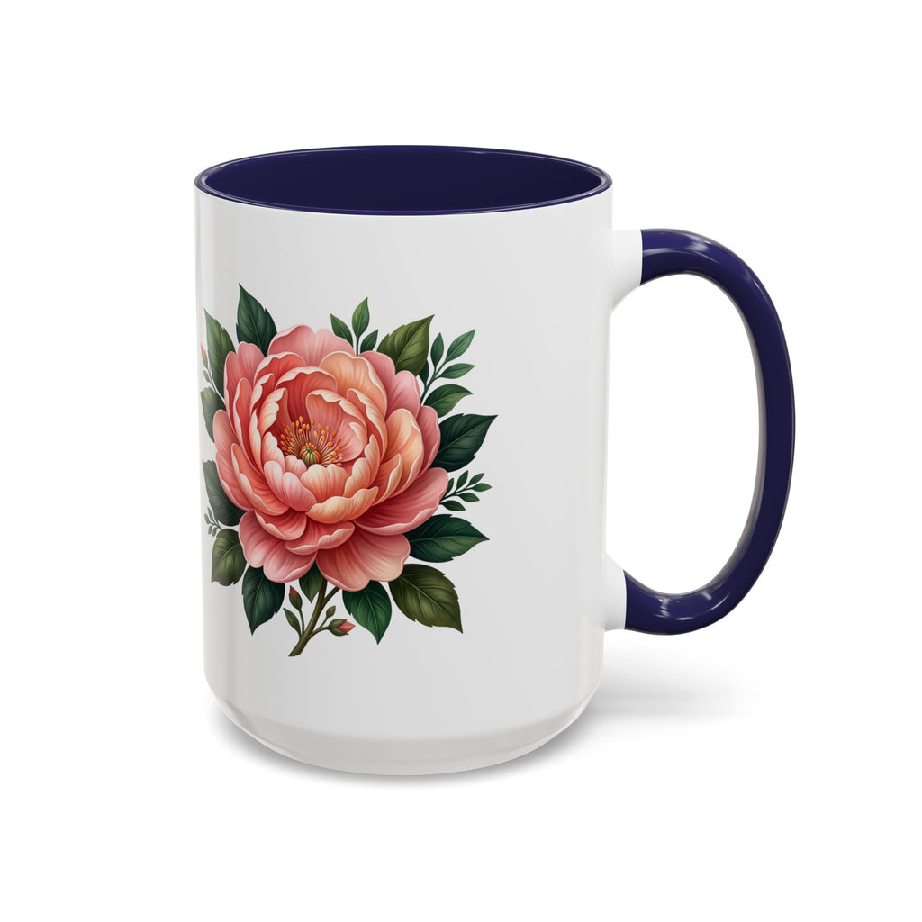 Floral Peony Accent Coffee Mug — Pink Rose Bloom Ceramic Cup