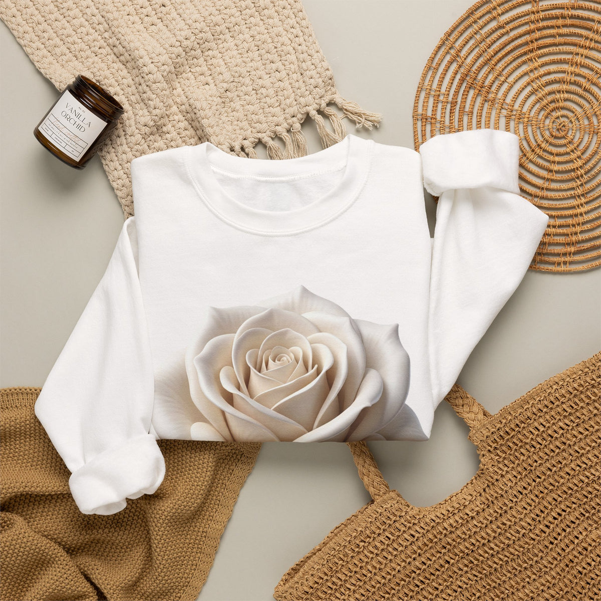 White Rose Crewneck Sweatshirt — Elegant Botanical Floral Pullover