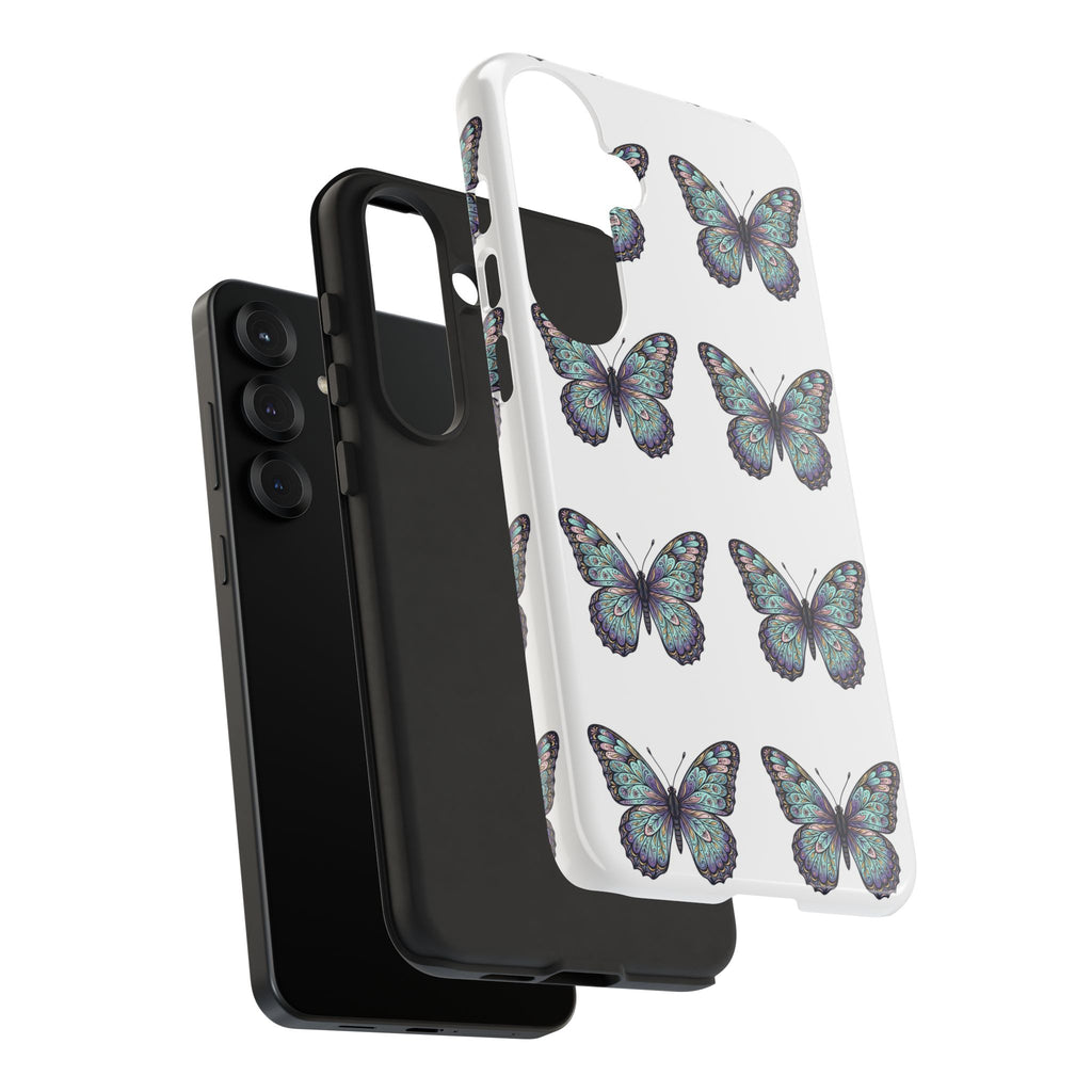 Butterfly Pattern Tough Phone Case — Vintage Teal Floral Protective Cover