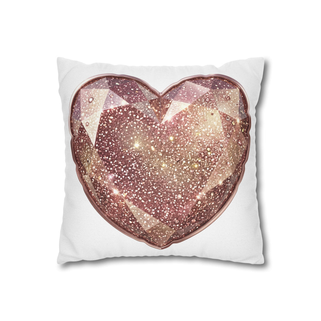 Glitter Rose Gold Gem Heart Pillowcase — Sparkling Decorative Cushion Cover- White