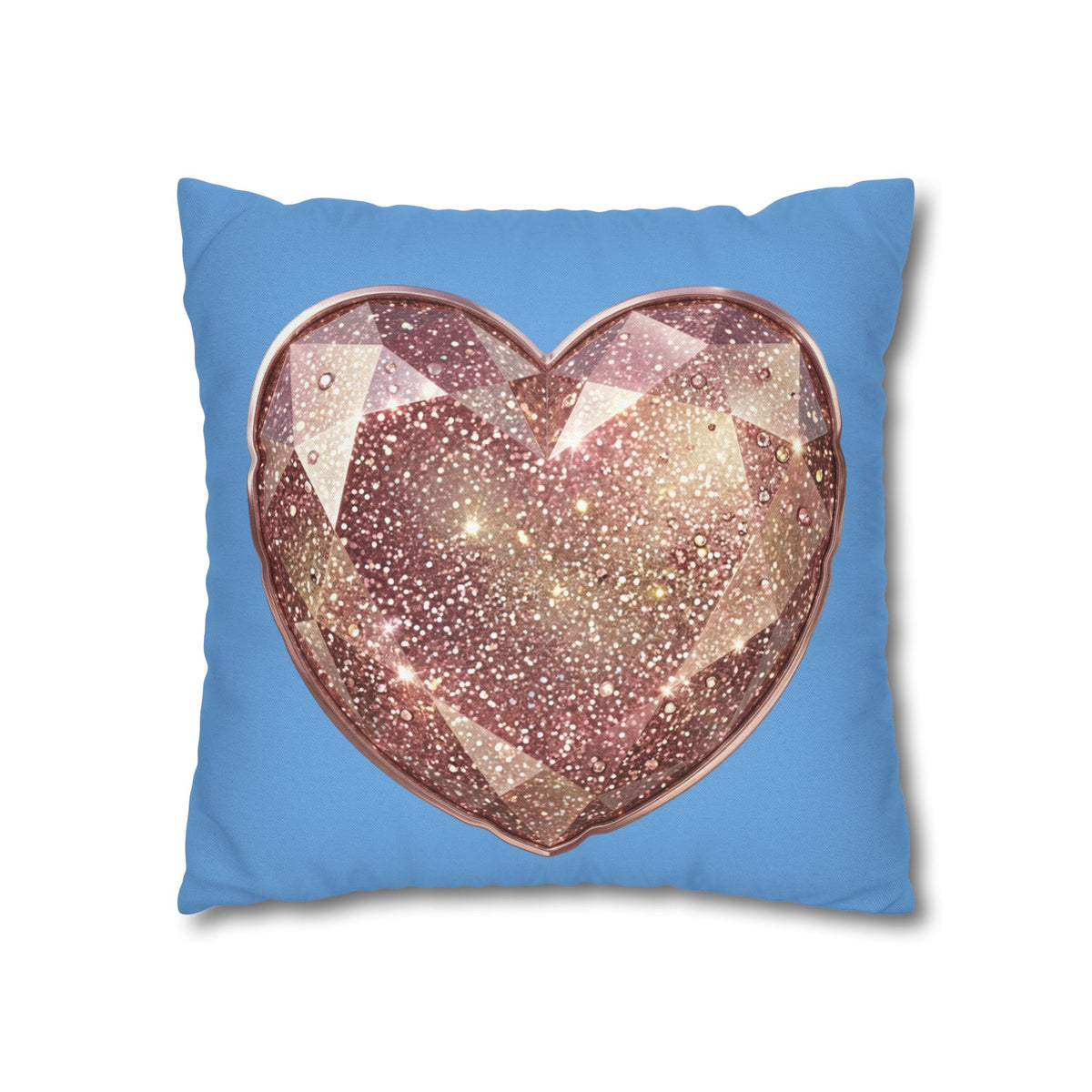 Glitter Gem Heart Pillowcase — Sparkling Rose Gold Heart on Blue