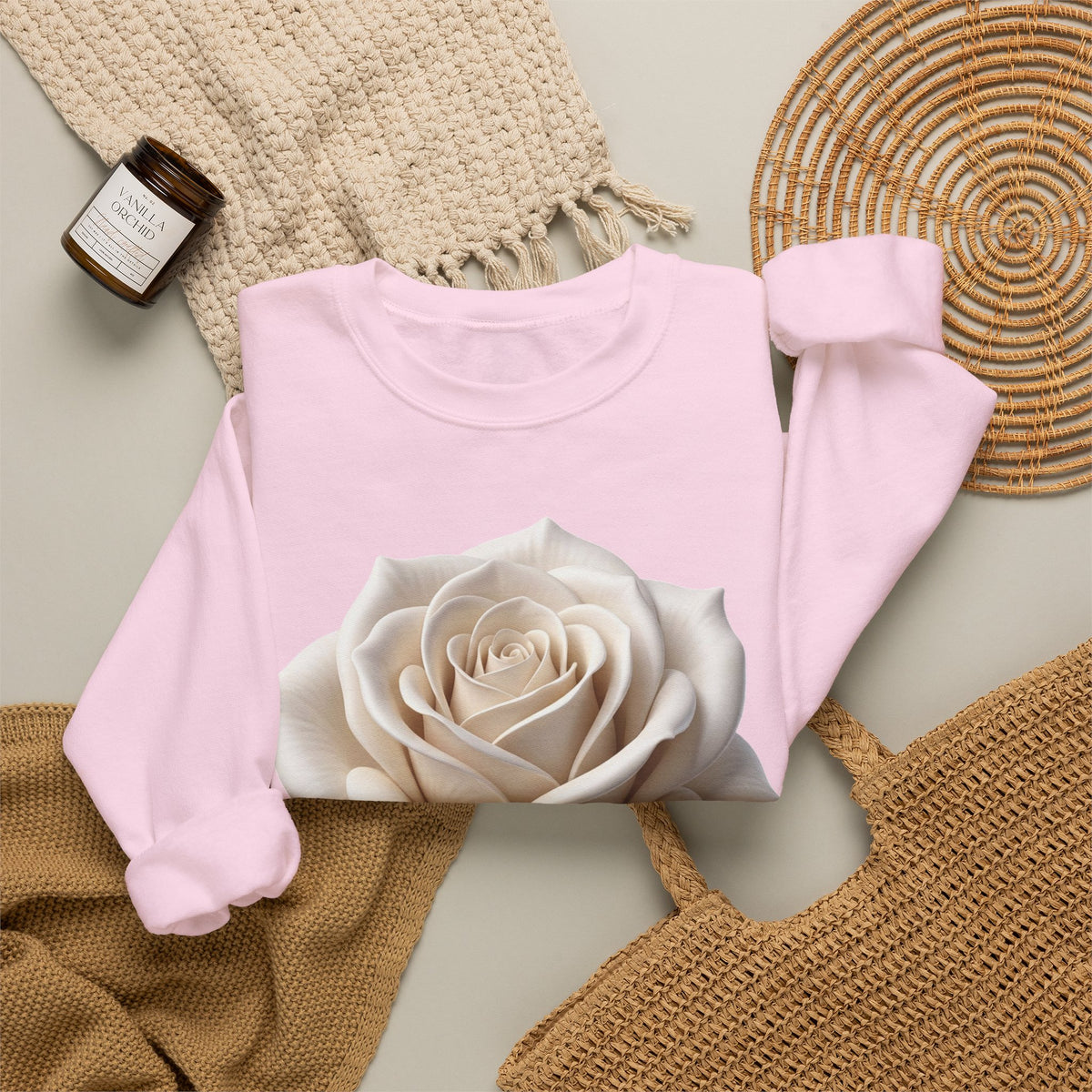 White Rose Crewneck Sweatshirt — Elegant Botanical Floral Pullover