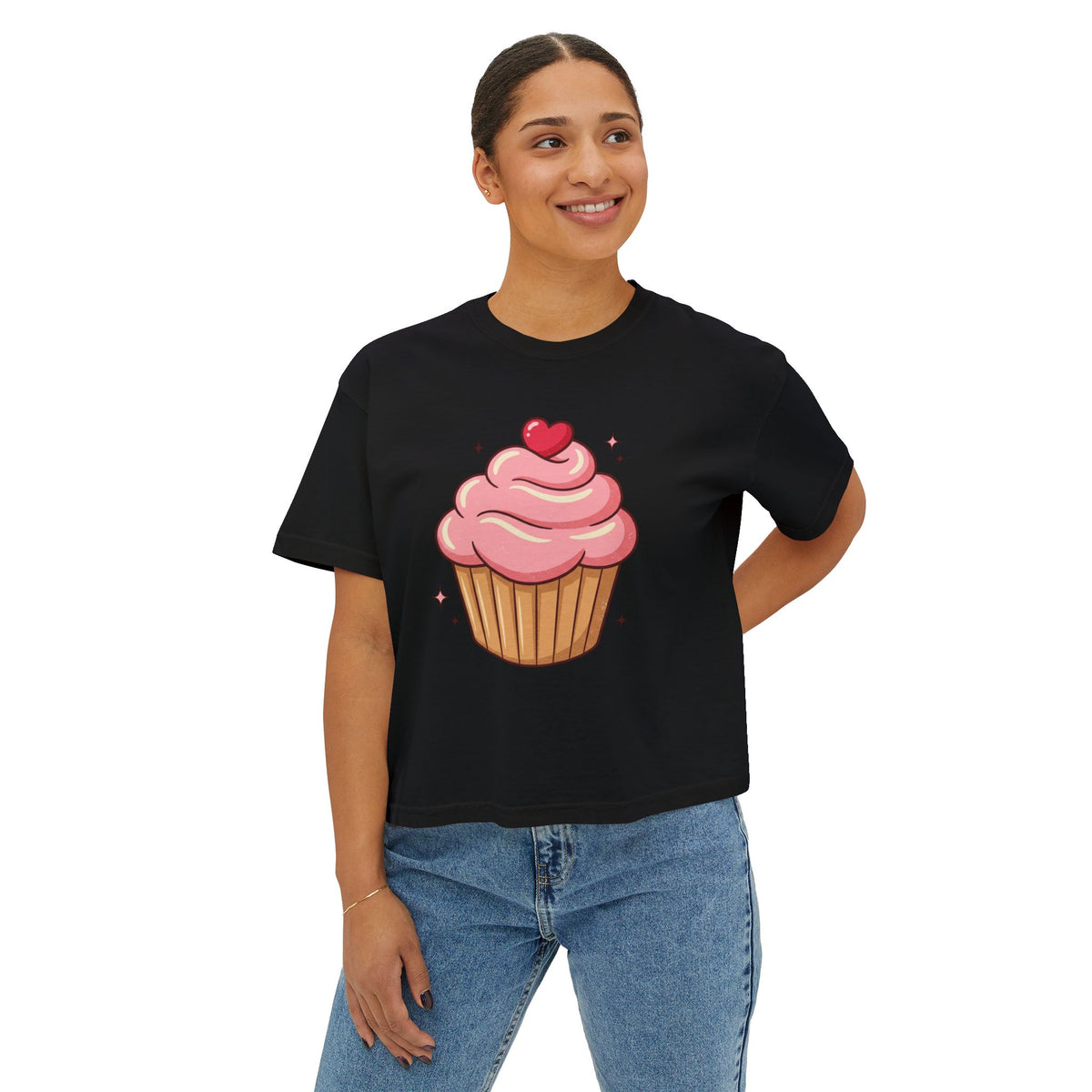 Cupcake Graphic Boxy Tee — Cute Pink Dessert Shirt for Women