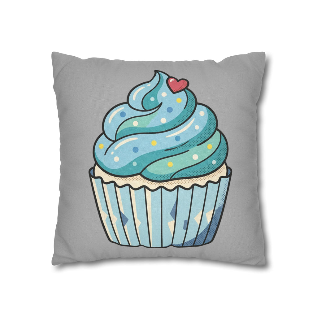 Cupcake Pillowcase — Cute Blue Dessert Decorative Throw Pillow- Light Grey