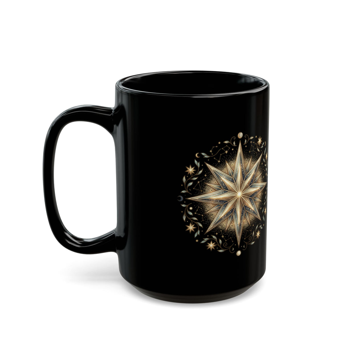 Black Ceramic Mug — Gold Nautical Compass Star Design (11oz/15oz)