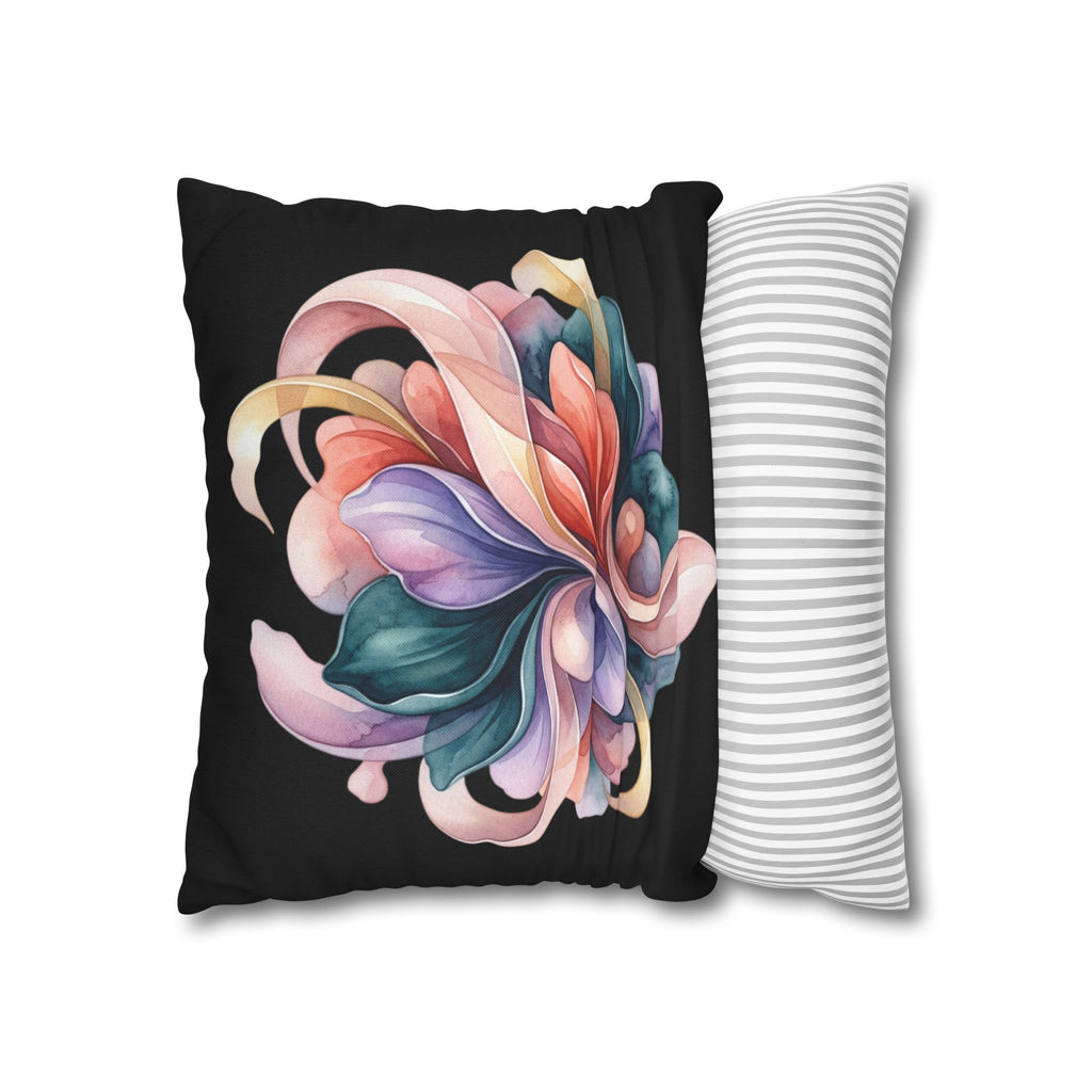 Abstract Floral Throw Pillowcase — Colorful Petal Swirl on Black
