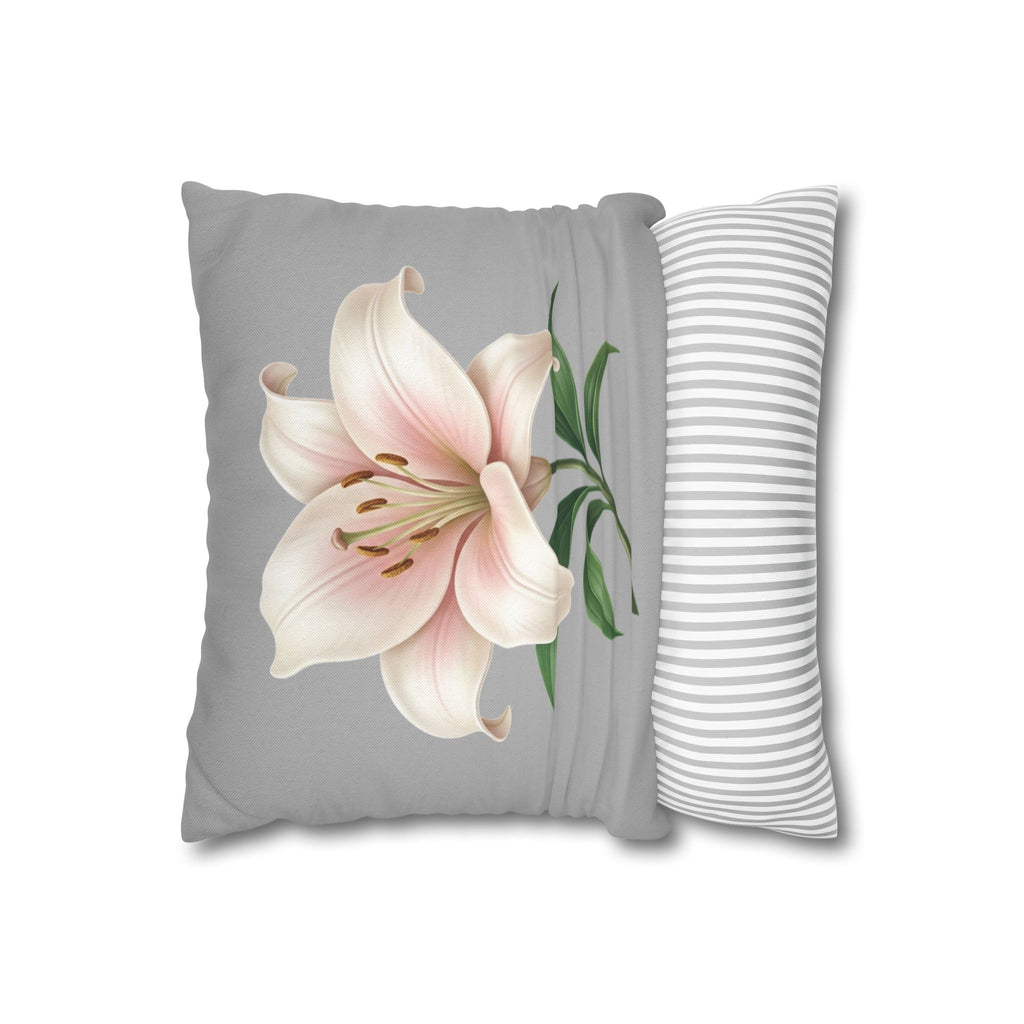 Floral Lily Throw Pillowcase — Pink Lily on Gray Decorative Cushion Cover