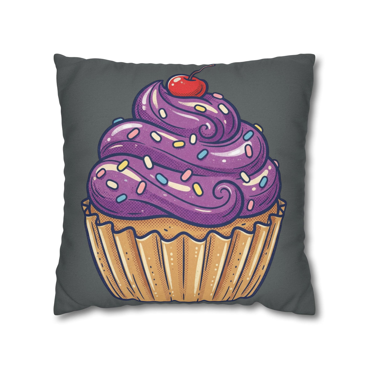 Cupcake Pillowcase — Whimsical Purple Frosting Decorative Throw Pillow- Dark Grey