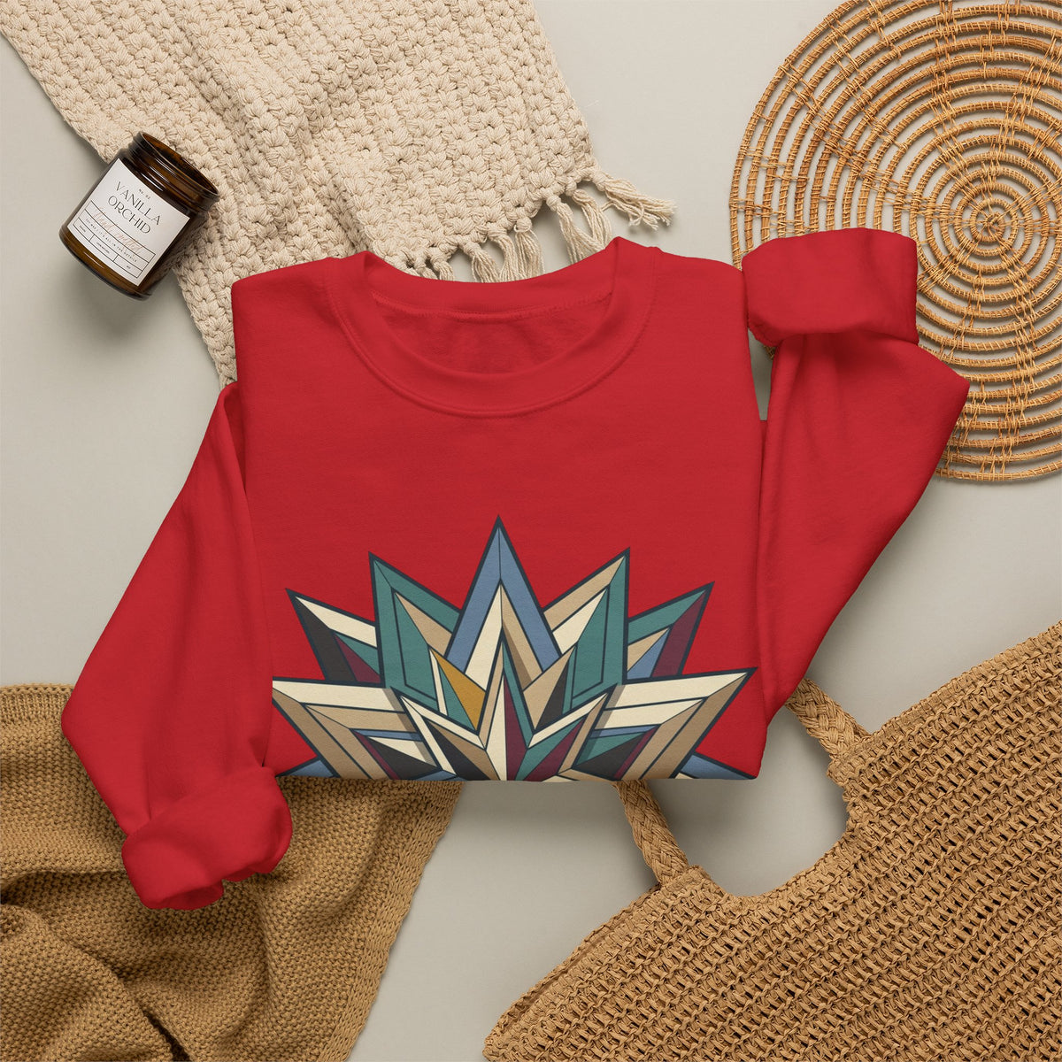 Crewneck Sweatshirt — Geometric Starburst Mandala Design